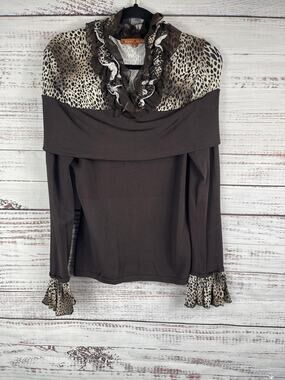 Kareer Koncept Sweater Women's XL Brown Leopard Ruffle Blouse Animal Print Top